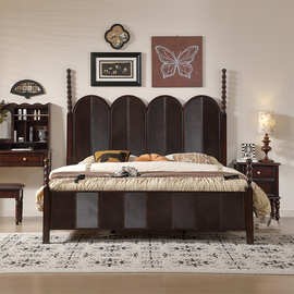 法式复古实木床中古风主卧1米8大床简约罗马柱雕花双人床高端婚床