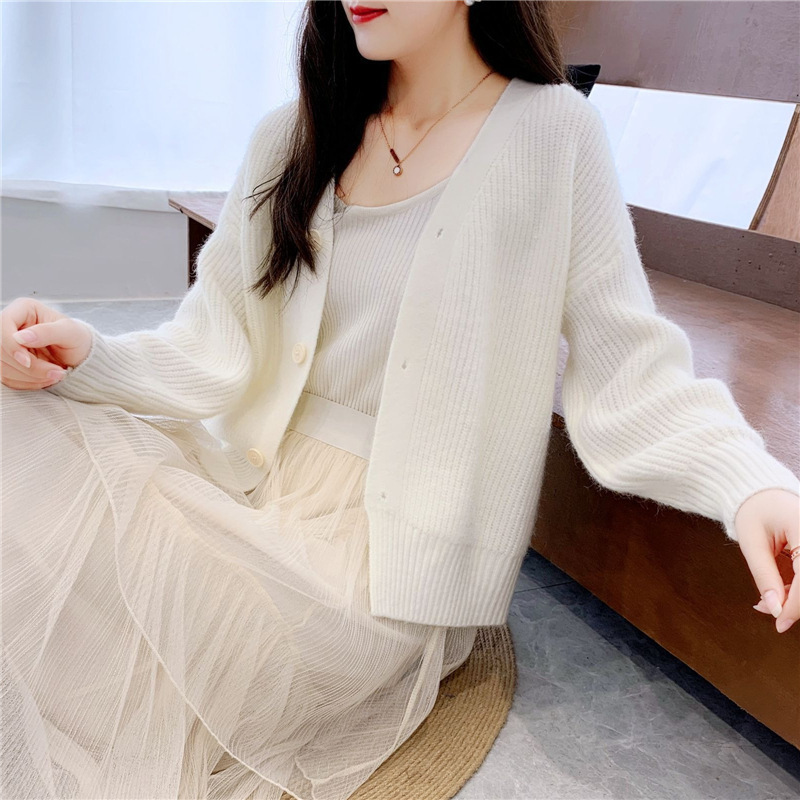 French V-Neck Candy Color Long Sleeve Cardigan Women's Loose Knit Sweater Coat Casual Elegant Outerwear_ecoleips.com