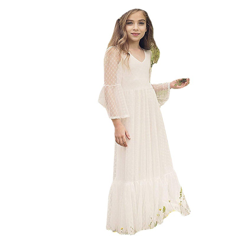 Nuevo europeo y americano transfronterizo vestido de novia para niños niñas encaje manga larga Rendimiento De Cumpleaños simple vestido de princesa entrega