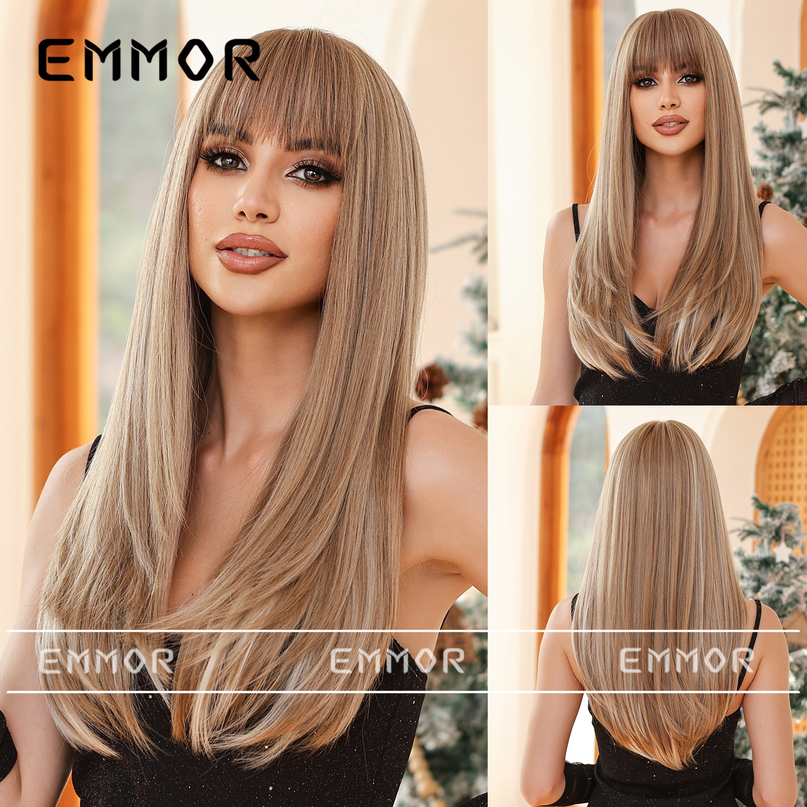 Peluca de pelo largo de las mujeres estilo europeo y americano cubierta de cabeza completa natural marrón recto flequillo pelo moda mullido cubierta de pelo superior completa