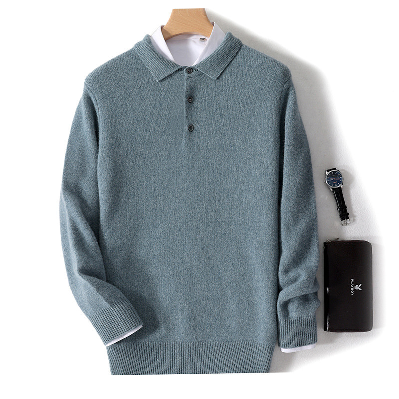 Autumn and Winter 100 Pure Wool Sweater Men's POLO Business Casual Pullover Sweater Long Sleeve Base Sweater Top