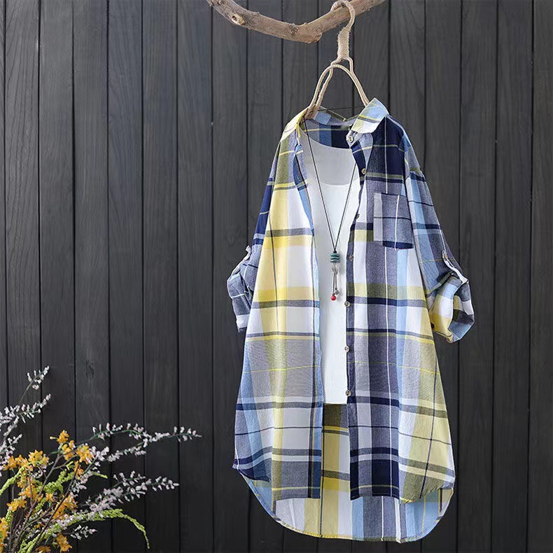 Plaid Shirt Women's 2024 New Long-Sleeved Top Retro Jacket Loose and Versatile Slimming Look Colorfulful Shirt Cardigan Trendy