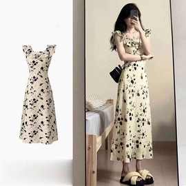 黎明黑玫瑰沙滩裙超仙海边小个子连衣裙女夏季高级碎花轻奢裙子女