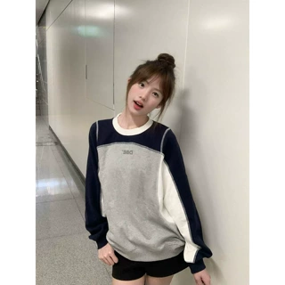 美式复古撞色拼接圆领卫衣女中大童春秋初中高中学生宽松长袖上衣