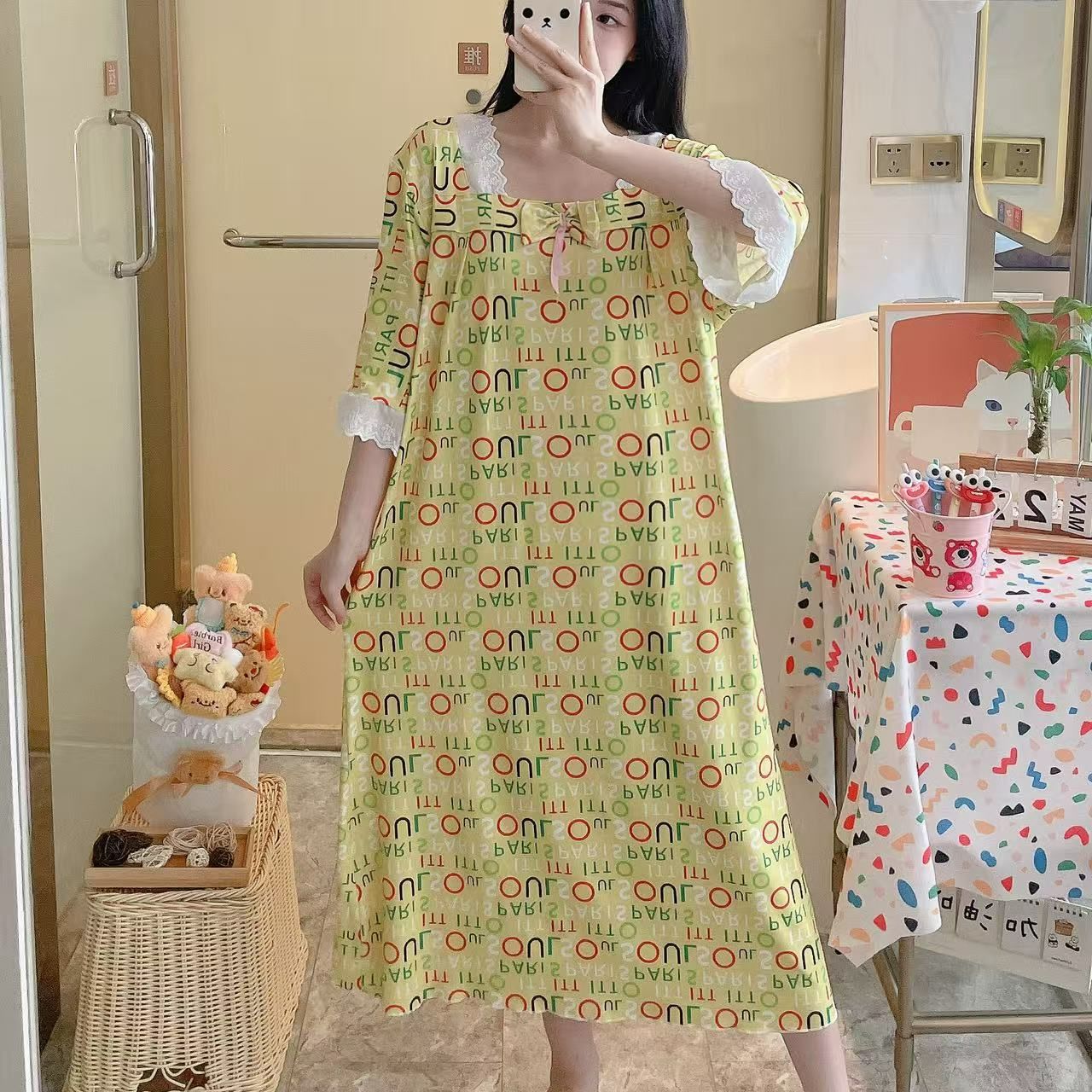 Transfronterizo al por mayor imitación de algodón dulce dibujos animados mangas cortas pijamas de primavera y otoño mujeres verano ropa larga y delgada suelta para el hogar