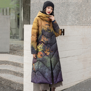 Vintage Large Size Hooded Down Jacket with Buckle for Winter New Women's Clothing Ethnic Style Mid-length Over-the-knee White Duck Down Coat