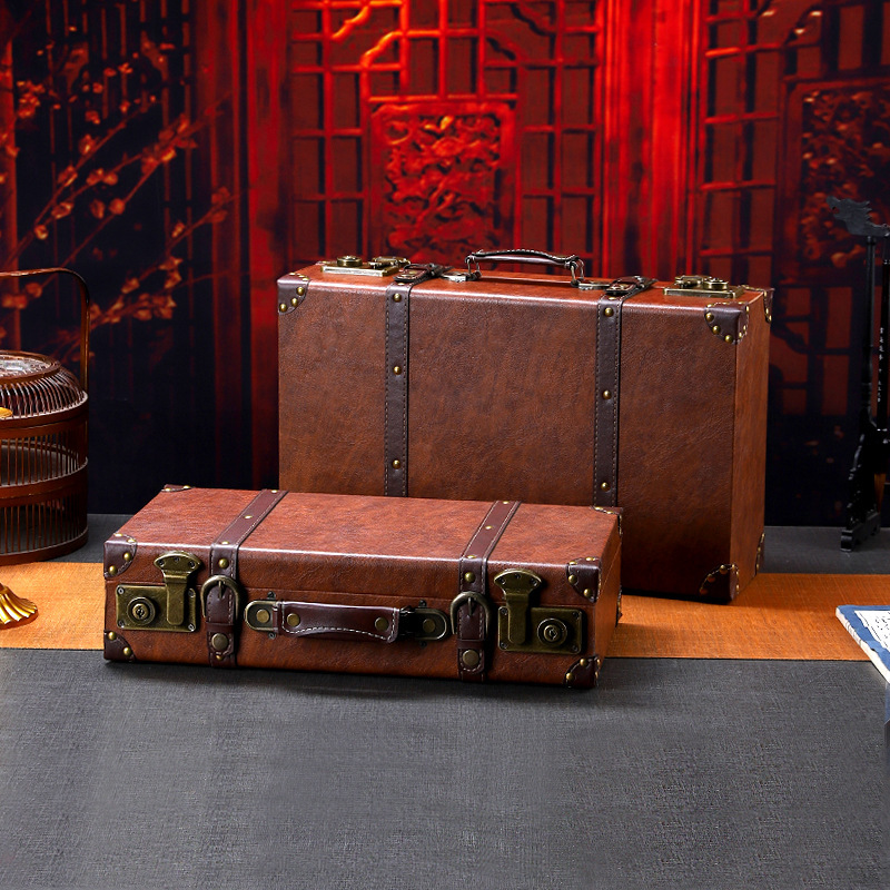 Retro Leather Suitcase, Old-Fashioned Wooden Box, Rectangular Sundry Storage Box, Photo and Film Shooting Props Suitcase