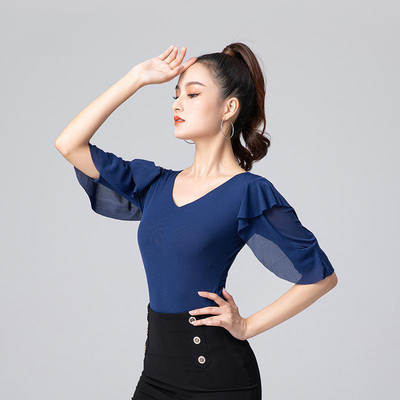 Modern Dance Top Women's New Latin Dance Ruffled Mid-Sleeve Ballroom Dance Top Practice Clothes One-Piece Dance Clothes