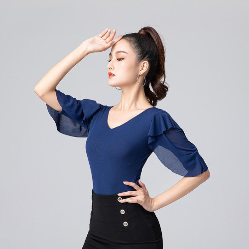 Modern dance tops for women new Latin dance ruffled mid-sleeve ballroom dance tops practice clothes one-piece dance clothes
