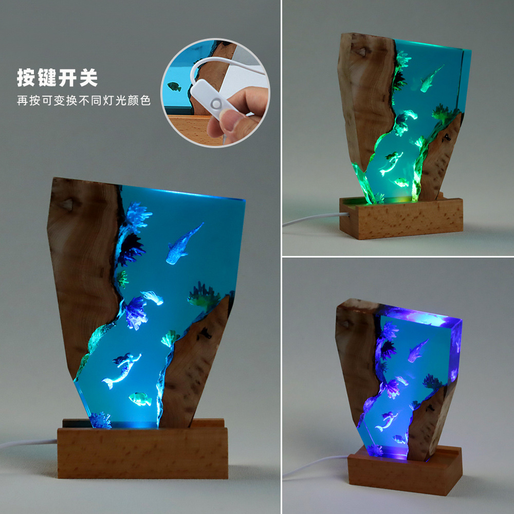 Mermaid and Jellyfish Ocean Micro Landscape Resin Night Light Epoxy and Wooden Ornaments Creative Gift