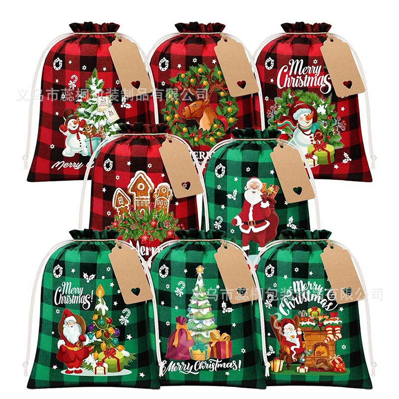 粗麻布圣诞拉绳袋圣诞格子礼品袋圣诞糖果袋中号圣诞亚麻糖果袋子