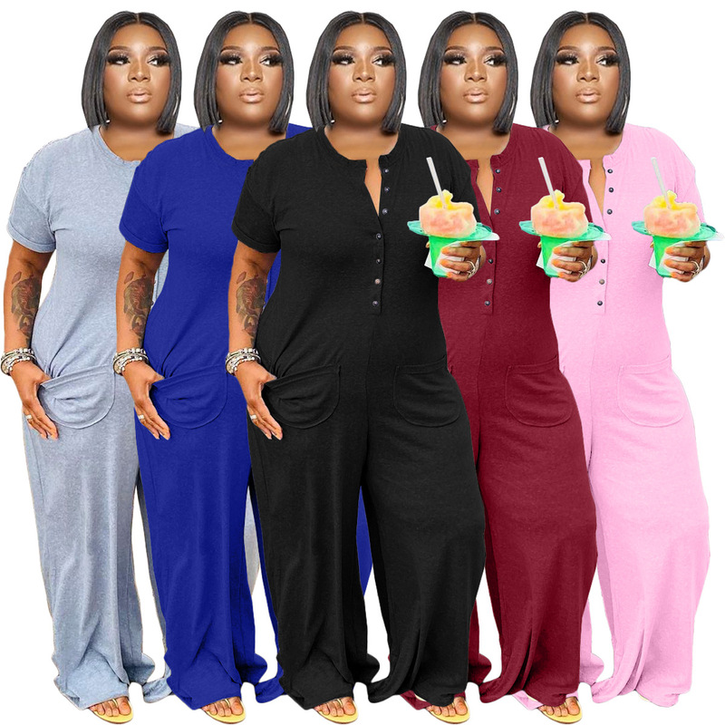 77435 cross-border for Amazon International Station Europe and the United States large size women's fashion casual button jumpsuit fat woman