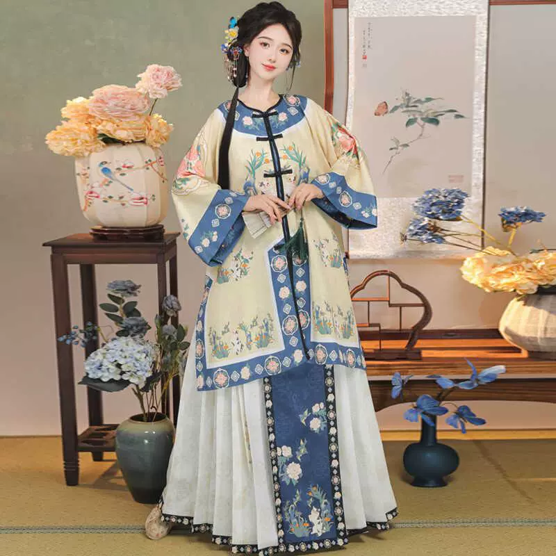 Новый стиль женского традиционного китайского платья Цинской династии с круглым вырезом, этнический придворный наряд эпохи Цин в стиле ретро.