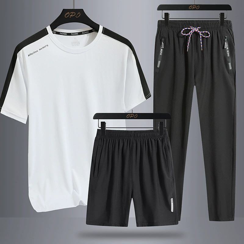 2024 новый набор с короткими рукавами мужская футболка из ледяной шелк мужские повседневные брюки шорты брюки три комплекта молодежная мода транспорт