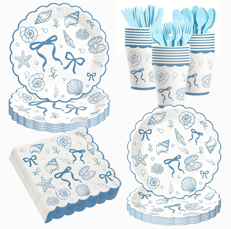 Ocean-themed disposable tableware set, blue and white shell bow party paper plates and cups, birthday party supplies