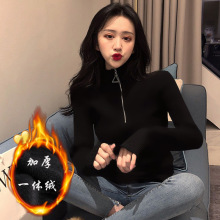 加厚半高领三角拉链针织衫套头修身一体加绒毛衣长袖打底衫女批发