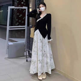 新中式国风V领花边上衣套装女夏2025新款高腰显瘦半身裙两件套潮