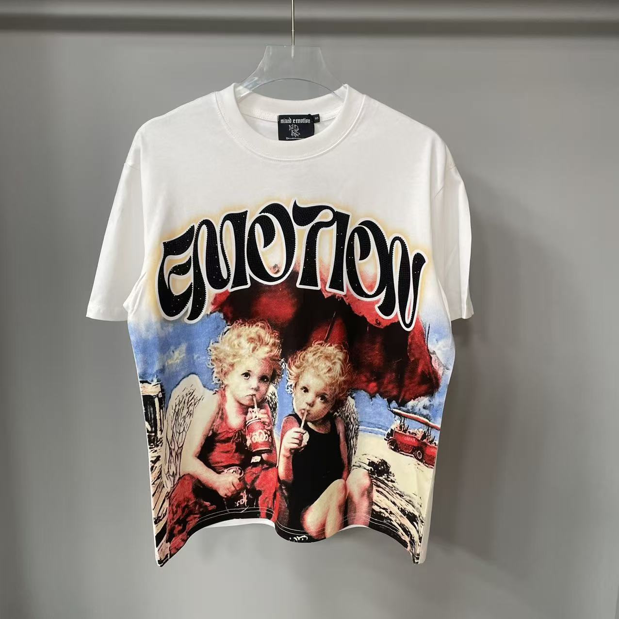 Transfronterizos MIXED EMOTION Ángel Impresión extraterrestre camiseta de hombre y mujer callejera de diamante de cuello redondo de manga corta