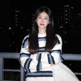 撞色条纹水貂绒毛衣女秋宽松慵懒针织打底衫软糯上衣
