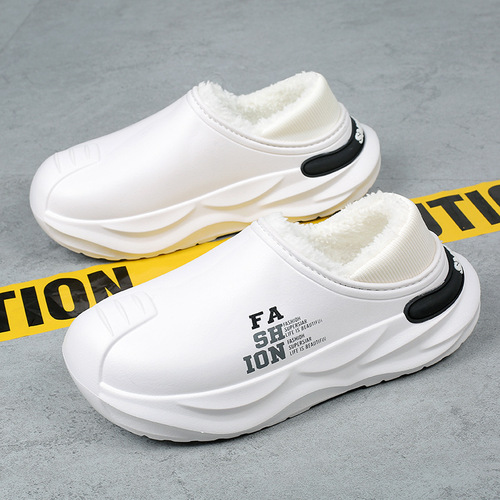 In winter, fashionable men's cotton shoes, semi-dragging, poop feeling, thick soft sole, velvet, warm, non-slip, waterproof, cold-proof snow boots