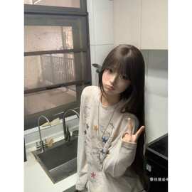 美式复古涂鸦星星长袖t恤女夏季2026新款慵懒风宽松防晒罩衫上衣