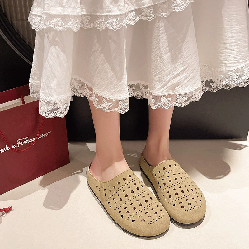 Ретро нишевые полые обувь на мягкой подошве Birkenstock для женской пальцы полуаромат 2025 новая нише желтые ленивые Римские сандалии