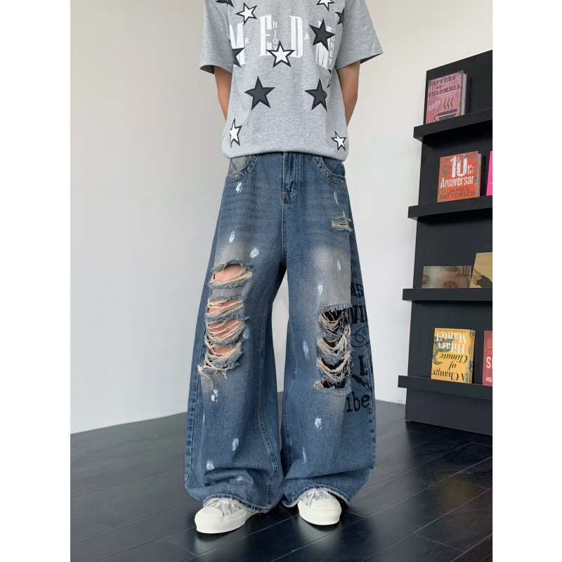 Celebrity-Inspired Punk Ripped and Splatter-Printed Vintage-Style Loose-Fitting Slimming Wide-Leg Jeans