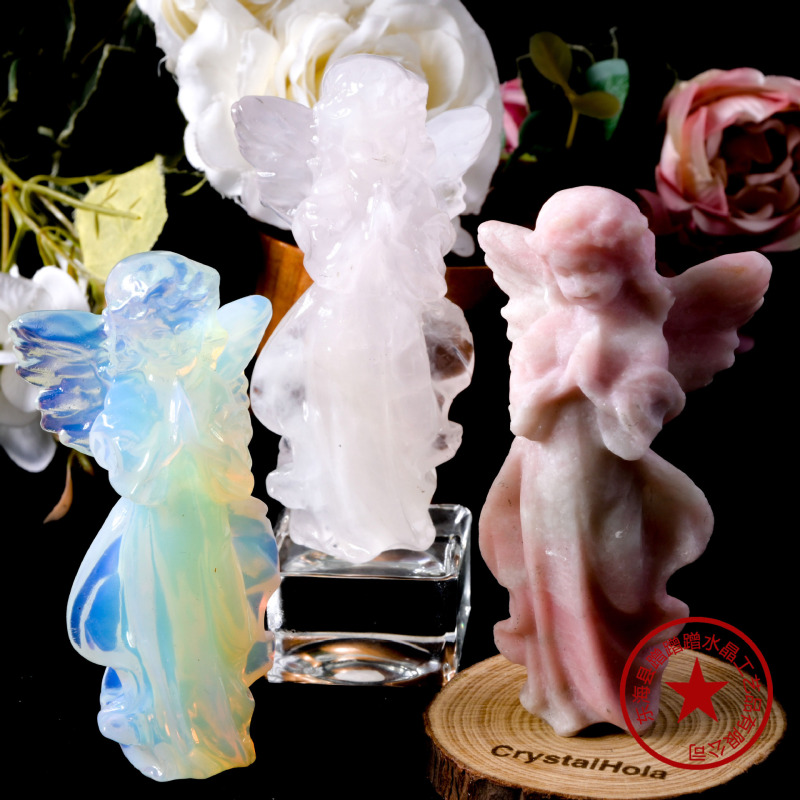 Natural Crystal Powder Opal Angel Carving Raw Stone Polished Crystal Crafts Office Desk Goddess Statue Ornaments