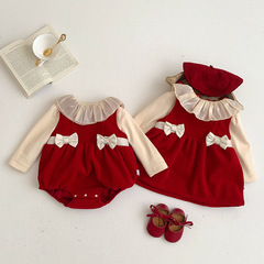 Baby winter clothing, velvet and thickened bottoming shirt, dress suit, sisters' clothing, New Year's clothing, newborn's harem two-piece set