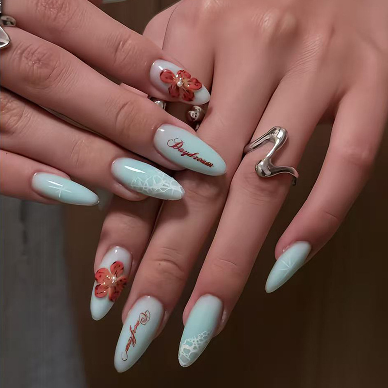 Fall/Winter Press-On Nails, Best-Selling in Europe and America, French Edge, Hand-Painted Flowers, Light Blue Gradient Almond Nails, Wholesale Available Fall/Winter Press-On Nails, Best-Selling in Europe and America, French Edge, Hand-Painted Flowers, Light Blue Gradient Almond Nails, Wholesale Available