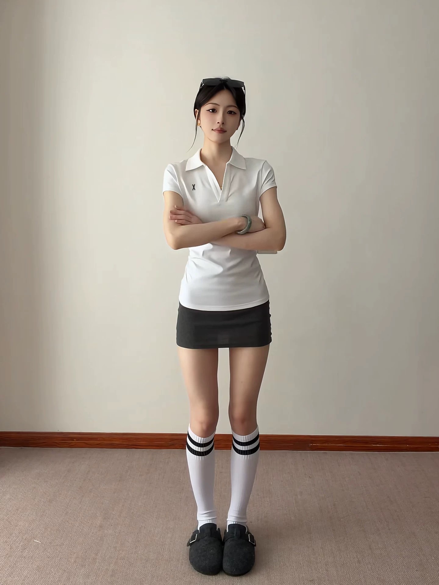 韩系气质V领正肩polo衫t恤女夏季修身收腰翻领运动网球服短袖上衣