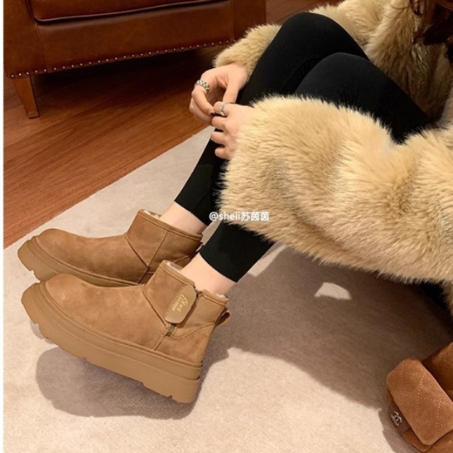 작은 귀를 가진 수 음 ~ 정품 가죽 기모 따뜻한 양모 두꺼운 바닥 스노우 부츠 여성용 겨울 옆 지퍼 부츠