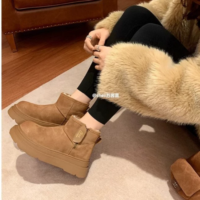 Fleece keep warm winter low boots with zipper platform, genuine leather