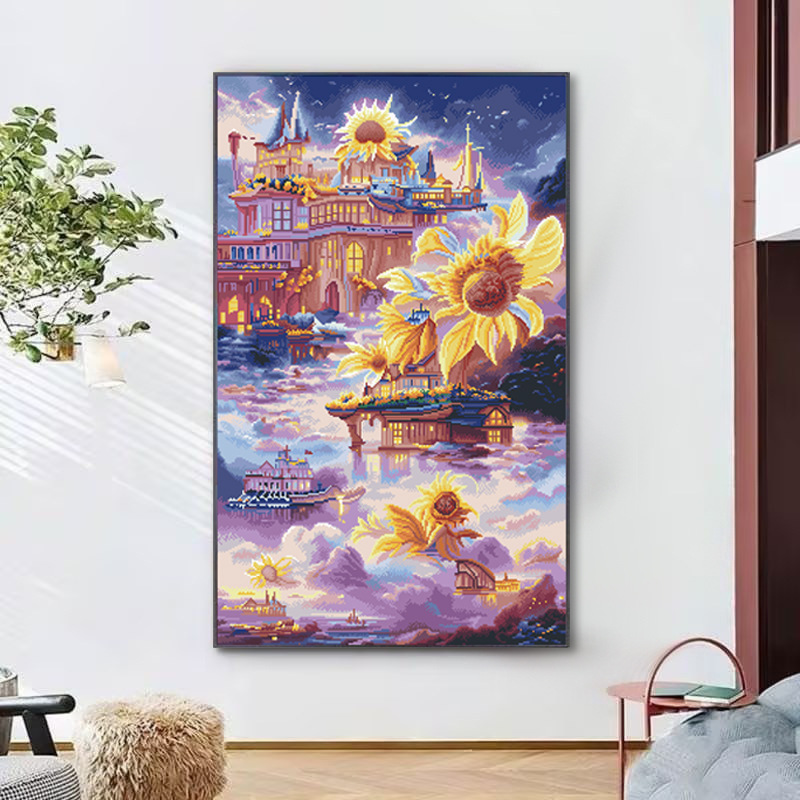 Mona Lisa real bordado cruzado diy material paquete girasol castillo paisaje romántico de ensueño 37 bordado completo