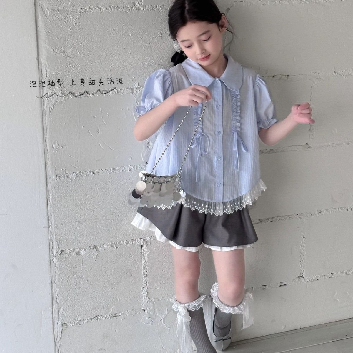 Girls' Lace Patchwork Babydoll Shirt, Summer Thin Style, Chic Children's Puff Sleeve Shirt, Short-Sleeve Top for Medium and Large Children