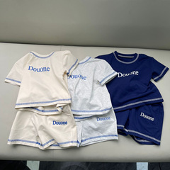 韓版ins英文字母圓領短袖套裝匝邊設計透氣清爽棉套男女寶寶夏套