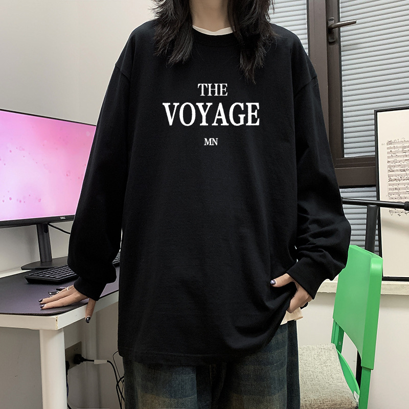 100% algodón pesado de alta calidad 230g de otoño camiseta de manga larga de cuello redondo negro camiseta de base suelta camiseta de mujer