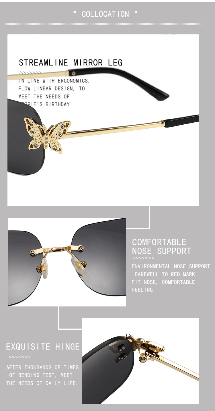 50g Weight Frameless Glasses Structure Sunglasses Classification PC, UV400 Protection Lens Material Square Glasses Style Travel Occasion Butterfly Pattern Women's Gender Simple Style, Classic Style Style Grey, Gold Color Simple Style Classic Style Butterfly PC UV400 Protection Square Frameless Women's Sunglasses 13