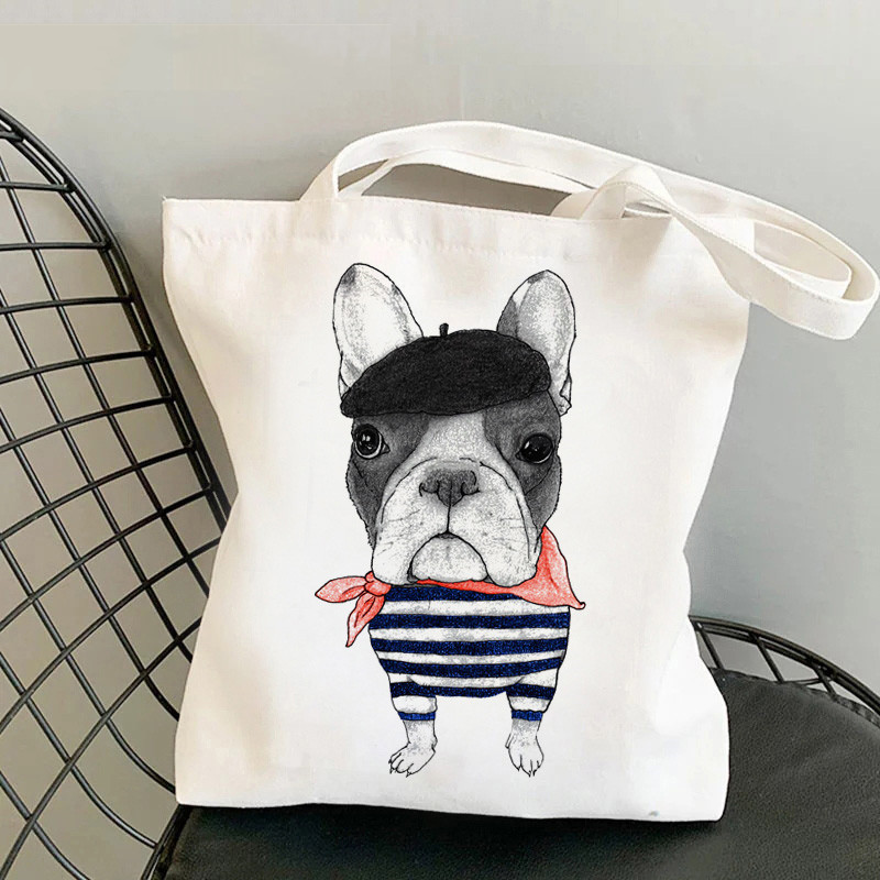 Comercio exterior transfronterizo Bulldog francés impresión bolsa de lona Haraku bolsa de compras portátil de hombro en stock
