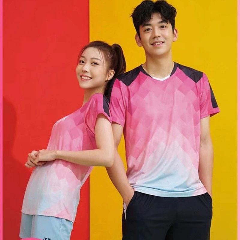 Новый костюм для бадминтона YY, мужской и женский Быстросохнущий дышащий костюм с короткими рукавами и круглым вырезом, спортивный костюм с короткими рукавами, детский тренировочный костюм с принтом