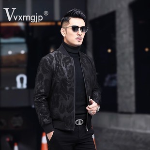New Haining Leather Jacket Men's Genuine Leather down Jacket Baseball Collar Slim Korean Style Sheepskin Jacket Men's Printed Jacket