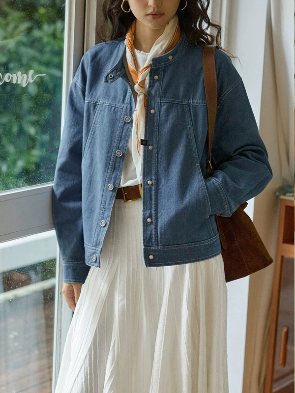 【新品】soligther法式复古小立领牛仔夹克外套女秋季|undefined