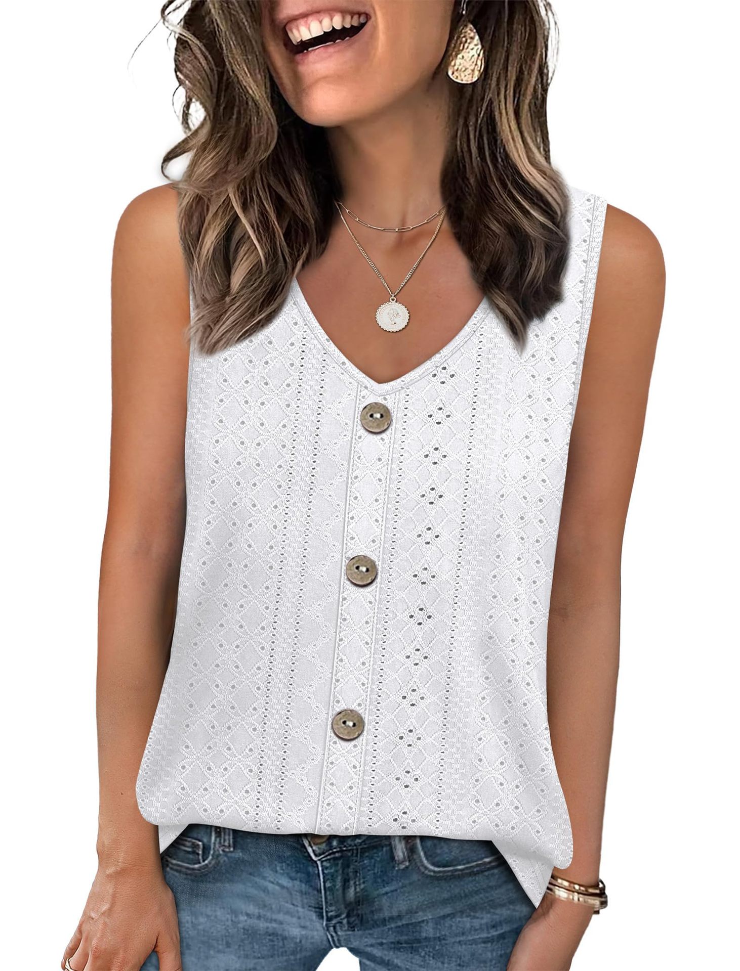 Women's Loose Casual Top V Neck Sleeveless Vest Eyelets American Summer New_ecoleips.com