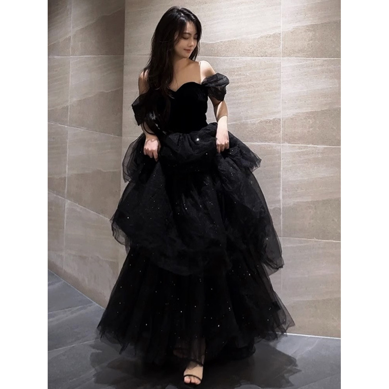 Váy dạ hội tutu kiểu Pháp màu đen sang trọng, dáng maxi thắt eo, phù hợp lễ tốt nghiệp, lễ trưởng thành — Màu đen