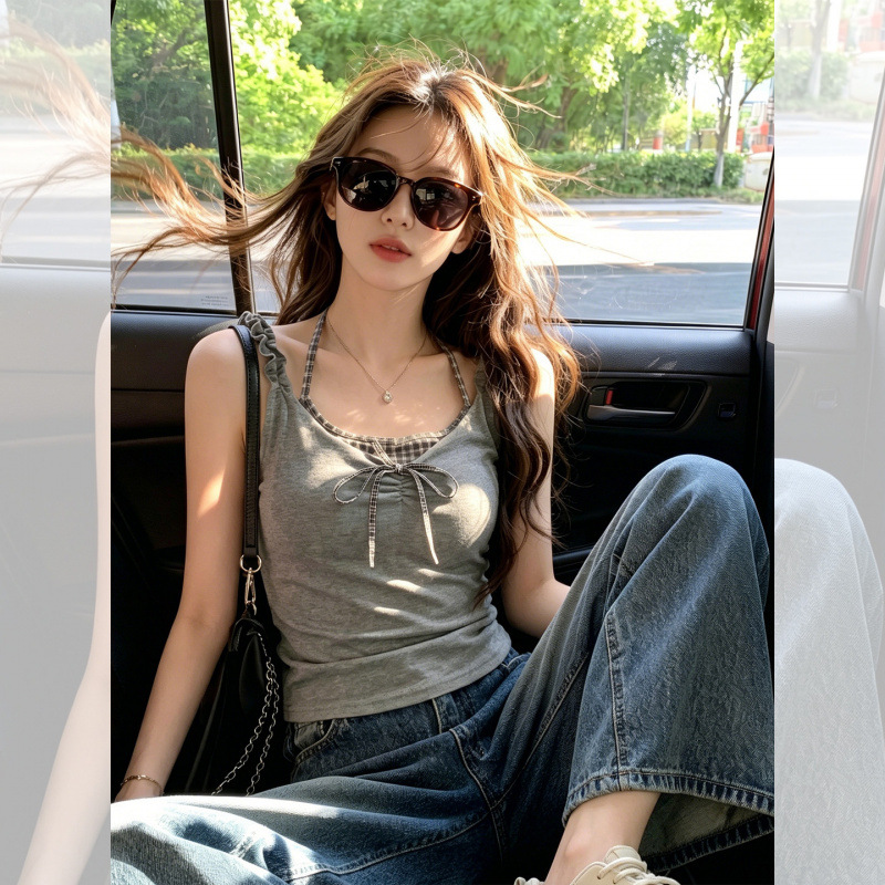 여성 여름 체크 캐미솔 나시 프릴 페이크 레이어드 이너 탑