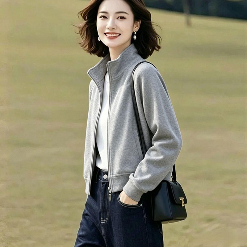 High-quality cotton stand-up collar baseball jacket, women's short coat, 2026 new spring collection, hoodless sweatshirt, sporty open-front top High-quality cotton stand-up collar baseball jacket, women's short coat, 2026 new spring collection, hoodless sweatshirt, sporty open-front top