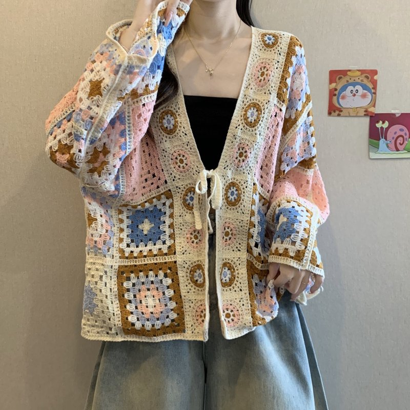 钩花镂空防晒针织开衫外套女早秋显瘦多巴胺彩色衣百搭系带罩衫|undefined