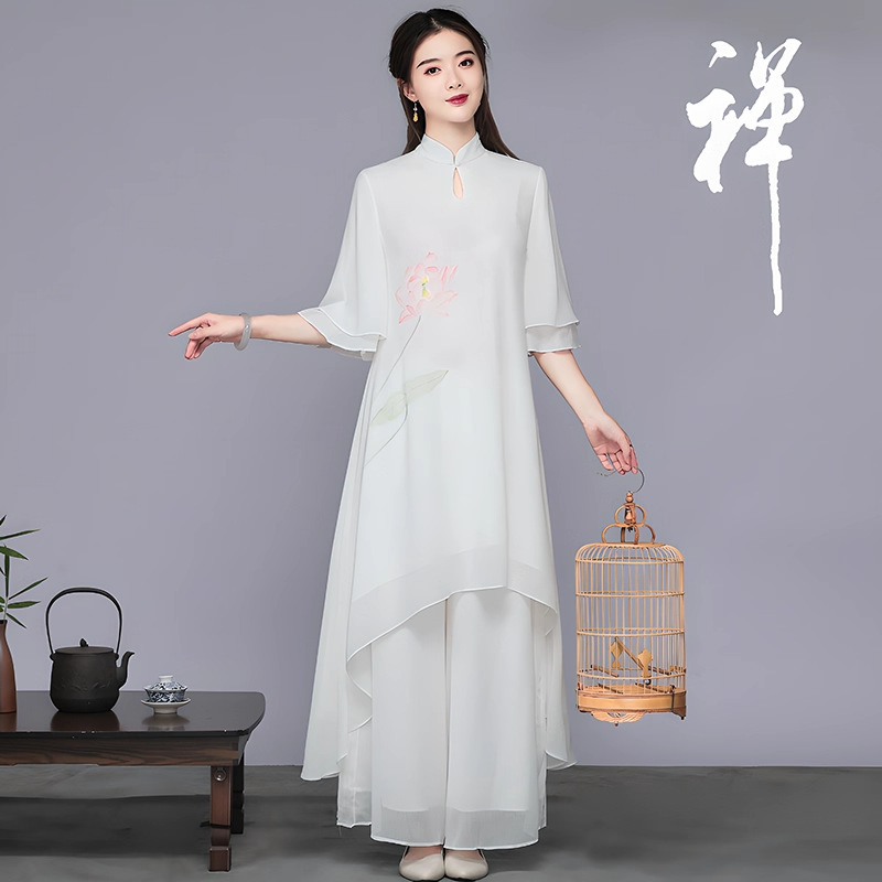 禅意风仙气禅服套装白色疗愈师服装居士服女款佛系风新中式禅修服