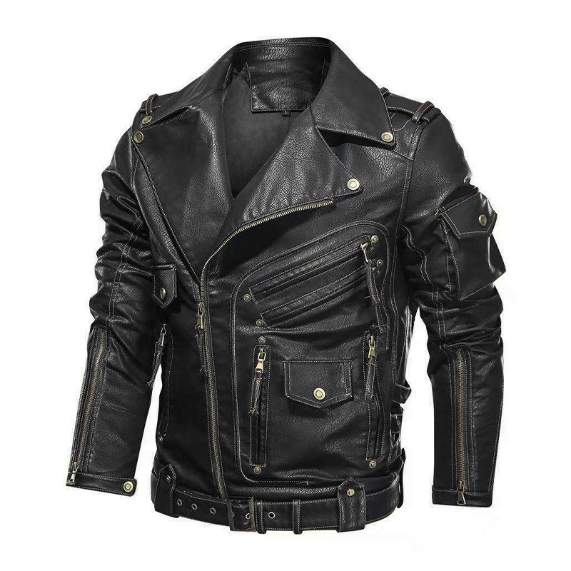 Men's Clothing PU leather jacket multi pocket zipper leather jacket men's autumn and winter punk jacket_voghion.com