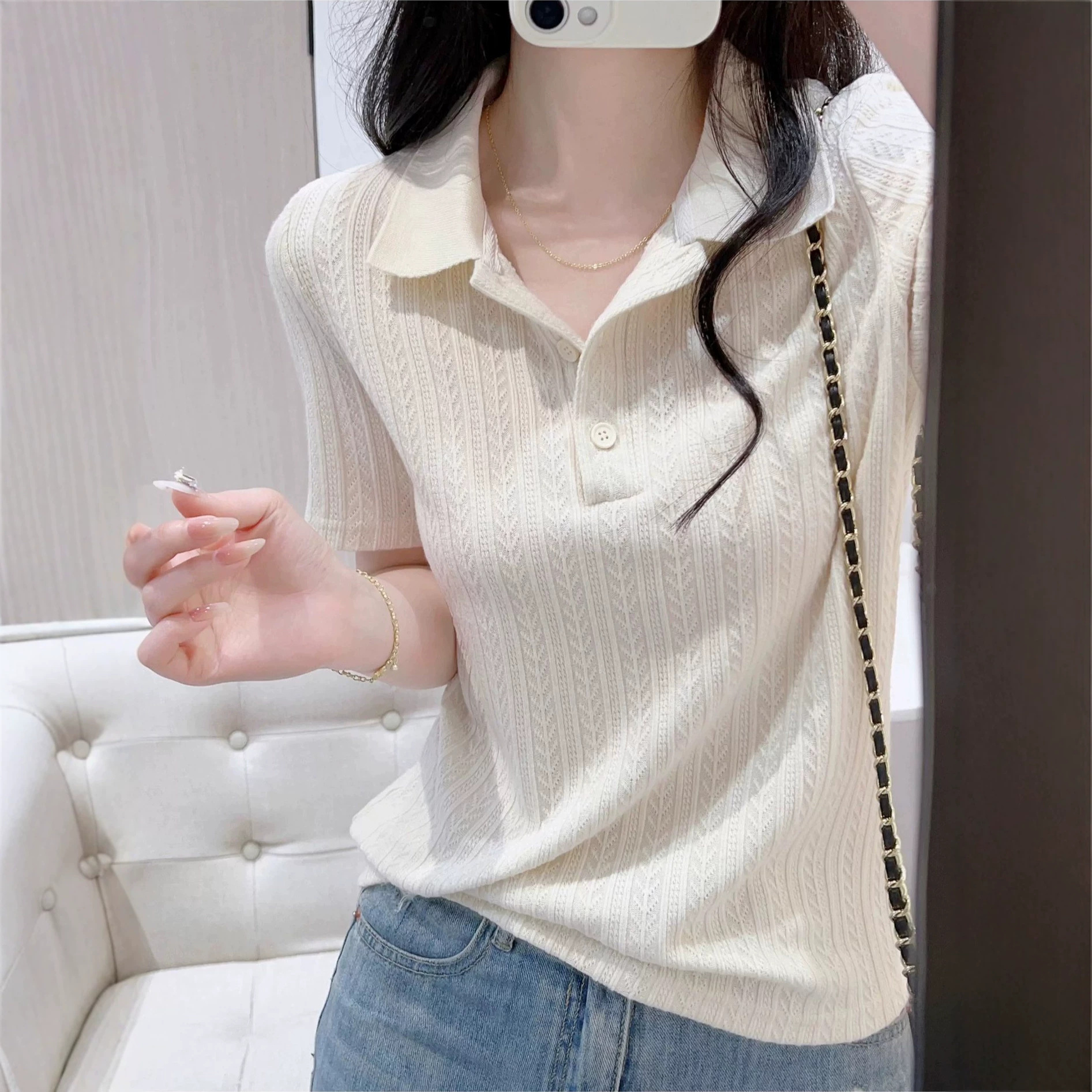 Áo polo nữ ngắn tay dáng ôm, cổ bẻ, phom chuẩn, thiết kế tôn dáng — màu đen chi tiết 2